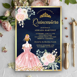 Convites Vestido Floral Rosa Bege Azul Marinho Dourado Quin