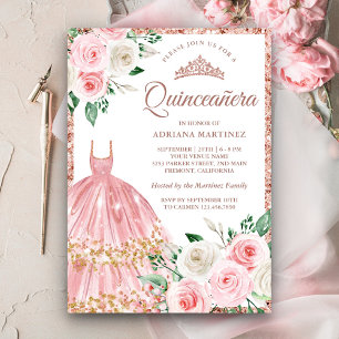 Convites Vestido Floral Rosa Bege Dourado Quinceanera