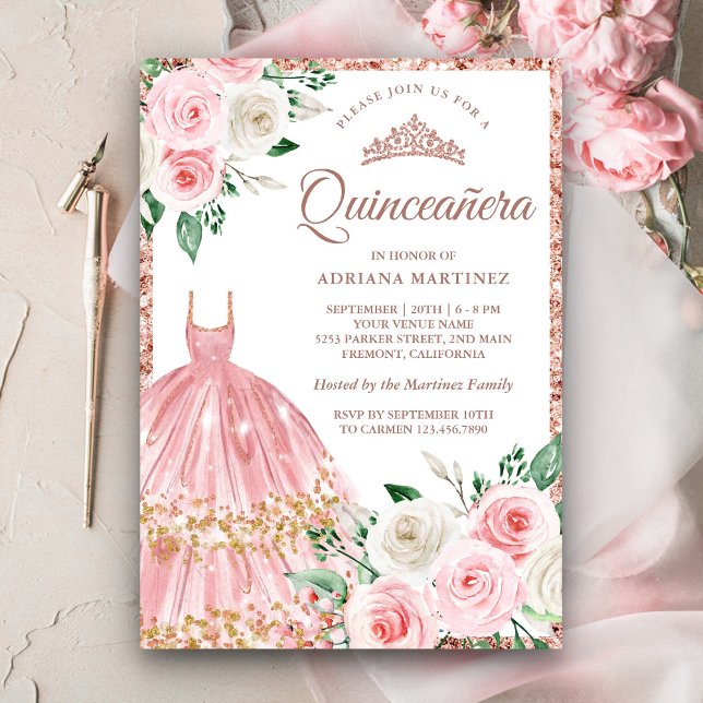 Convites Vestido Floral Rosa Bege Dourado Quinceanera (Criador carregado)