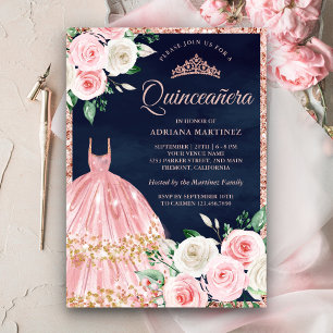 Convites Vestido Floral Rosa Bege Dourado Rosa Navy Quincea