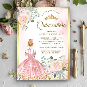 Convites Vestido Floral Rosa Bege Princesa Quinceanera Dour