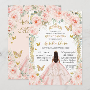 Convites Vestido Floral Rosa Bege Vintage Quinceañera