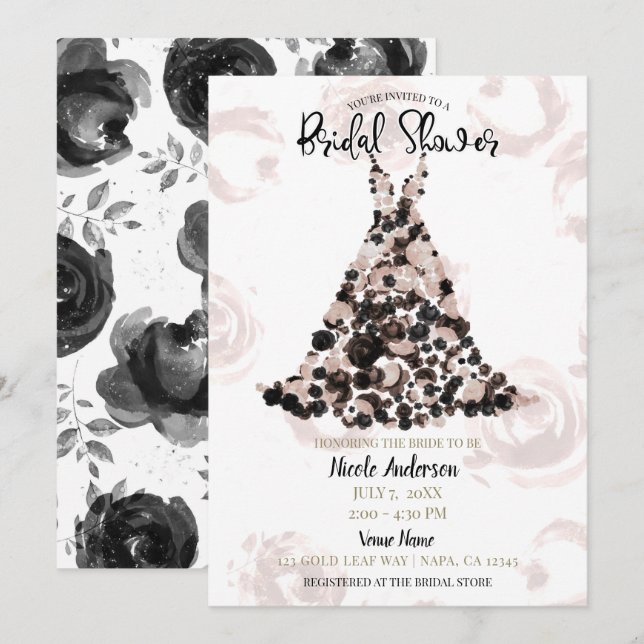 Convites Vestido Floral Rosa Clássico Preto Rubor para Chá  (Frente/Verso)
