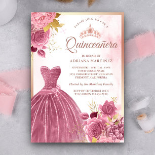 Convites Vestido Floral Rosa Poeirento Dourado Rosa Quincea