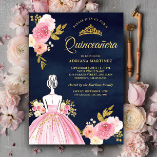 Convites Vestido Floral Rosa Princesa Quinceanera Azul Mari
