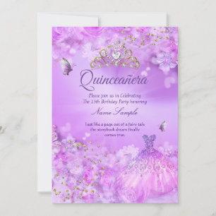 Convites Vestido floral rosa roxo para Quinceanera princesa