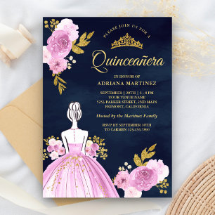 Convites Vestido Floral Roxo Azul Marinho Dourado Quinceane