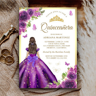 Convites Vestido Floral Roxo Borboleta Dourada Quinceanera