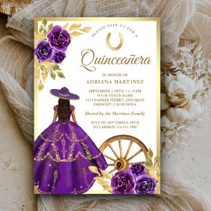 Convites Vestido Floral Roxo Charro Dourado Quinceanera