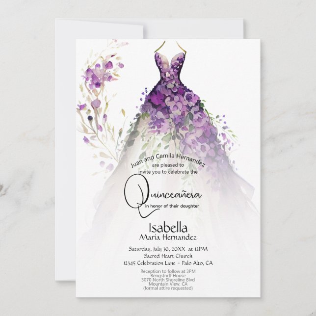 Convites Vestido Floral Roxo de Quinceañera  (Frente)