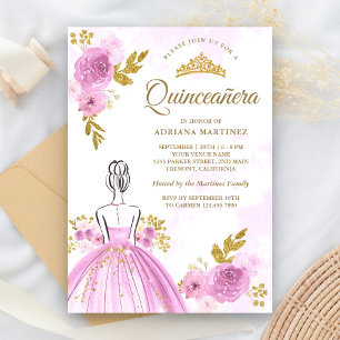 Convites Vestido Floral Roxo Princesa Dourada Quinceanera