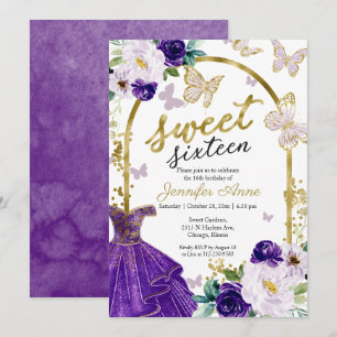 Convites Vestido Floral Roxo Sweet 16 Borboleta