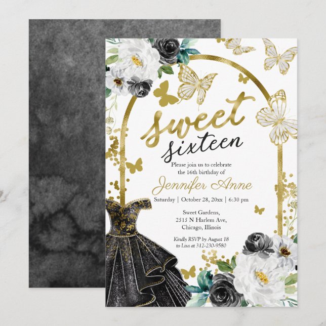Convites Vestido Floral Sweet 16 Borboleta Preto Dourado (Frente/Verso)