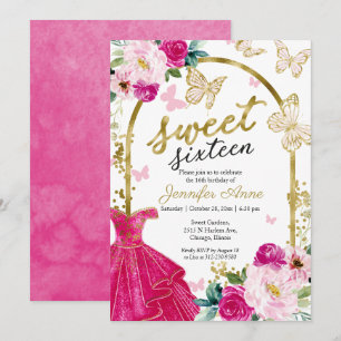 Convites Vestido Floral Sweet 16 Borboleta Rosa Quente Dour