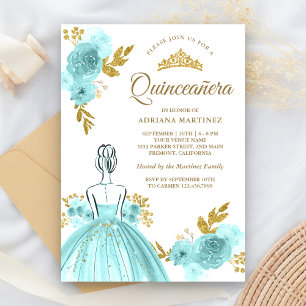 Convites Vestido Floral Turquesa Princesa Dourada Quinceane