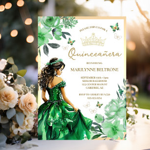 Convites Vestido Floral Verde Borboleta Quinceañera 