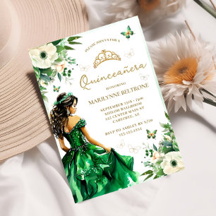 Convites Vestido Floral Verde Borboleta Quinceañera 