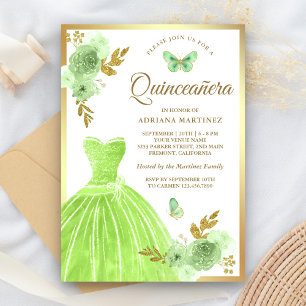 Convites Vestido Floral Verde Lima Borboleta Dourada Quince
