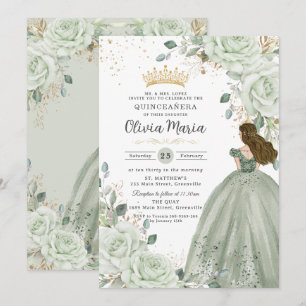 Convites Vestido Floral Verde Salvia Princesa Quinceañera Q