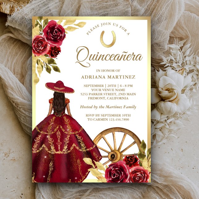 Convites Vestido Floral Vermelho Charro Dourado Quinceanera (Criador carregado)