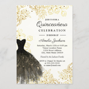 Convites Vestido Floral Vintage Preto Dourado Quinceanera