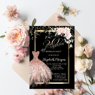 Convites Vestido, Flores de Confetes Rosa Dourado Aniversár