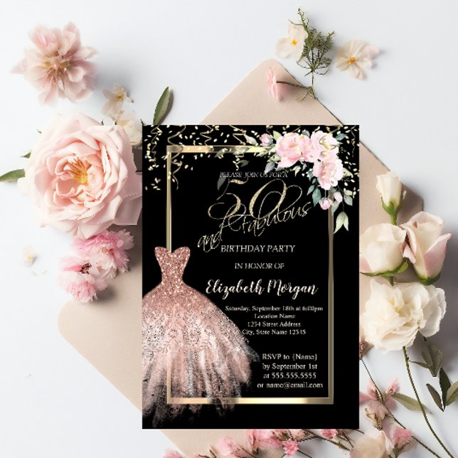 Convites Vestido, Flores de Confetes Rosa Dourado Aniversár (Criador carregado)