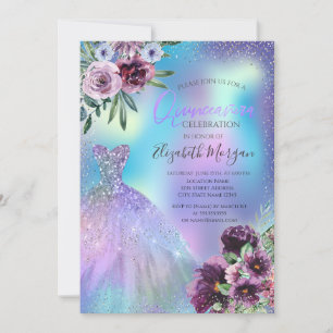 Convites Vestido, Flores Violeta Holográfico Quinceañera 