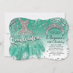 Convites Vestido Glamour Brilho Prata Turquesa Quinceañera 