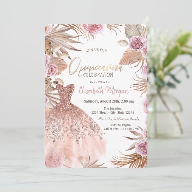 Convites Vestido Glitter Boho Flores Quinceañera (Em pé/Frente)