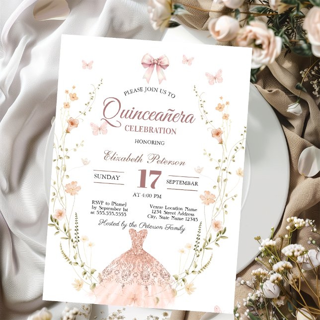 Convites Vestido Glitter Chic de Flores Silvestres Laço Qui (Criador carregado)
