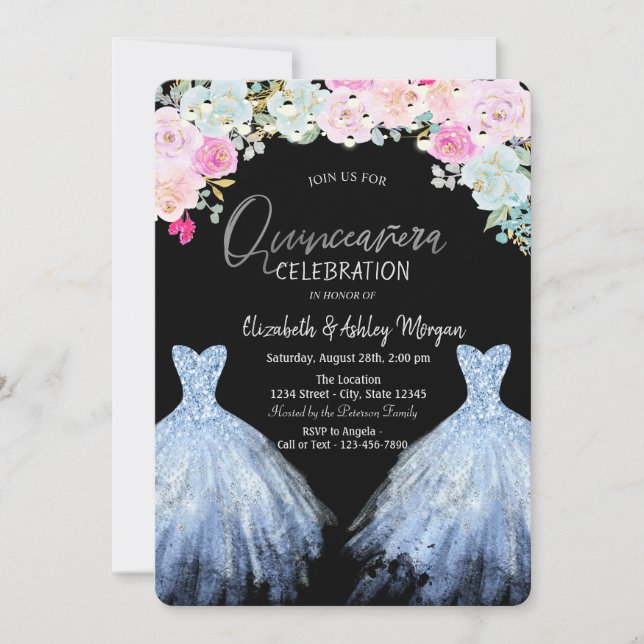 Convites Vestido Glitter Chic Flores Azuis Rosas (Frente)