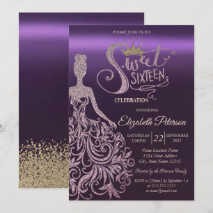 Convites Vestido Glitter Chique, Tiara, Diamantes Roxo Doce