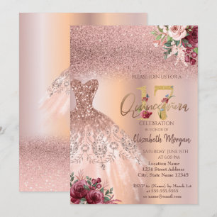 Convites Vestido Glitter Rosa Chic Floral Quinceañera