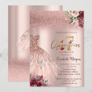 Convites Vestido Glitter Rosa Chic Floral Quinceañera