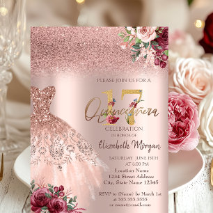 Convites Vestido Glitter Rosa Chic Floral Quinceañera