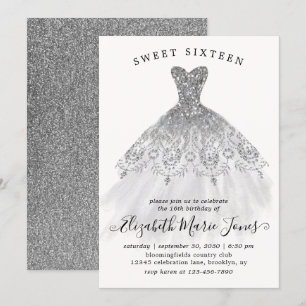 Convites Vestido Glitter Silver Sparkle Doce Doce 16º Anive