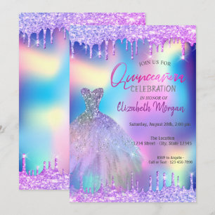 Convites Vestido Holográfico Gotículas Violeta Quinceañera