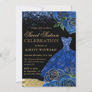 Convites Vestido Lantejoulas Azul e Dourado Glam Rosas Doce