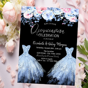 Convites Vestido Lantejoulas Azul Flores Rosa