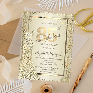 Convites Vestido Lantejoulas Chic Dourado 85º Aniversário