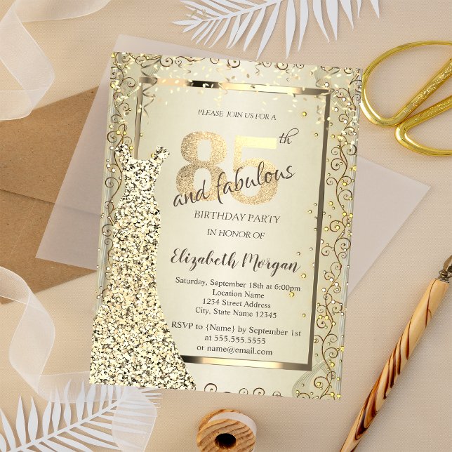 Convites Vestido Lantejoulas Chic Dourado 85º Aniversário (Criador carregado)