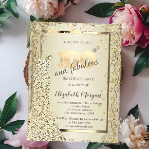 Convites Vestido Lantejoulas Chique Dourado 100 Anos