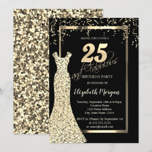 Convites Vestido Lantejoulas Douradas Aniversário de 25 Ano
