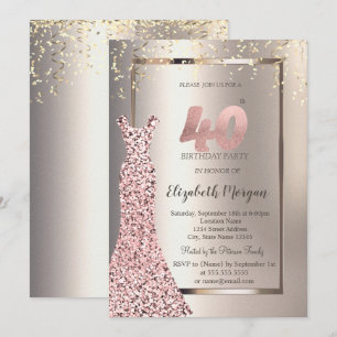 Convites Vestido Lantejoulas Dourado Rosa Aniversário de 40