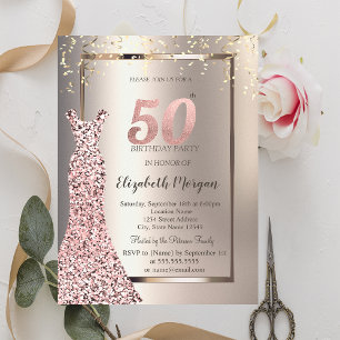 Convites Vestido Lantejoulas Dourado Rosa Aniversário de 50