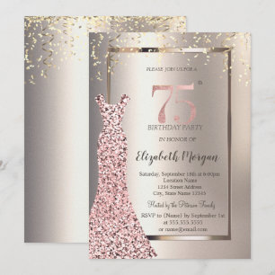 Convites Vestido Lantejoulas Dourado Rosa Aniversário de 75