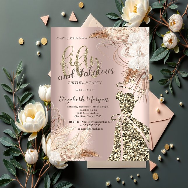 Convites Vestido Lantejoulas, Flor Boho Dourado Rosa 50º An (Criador carregado)