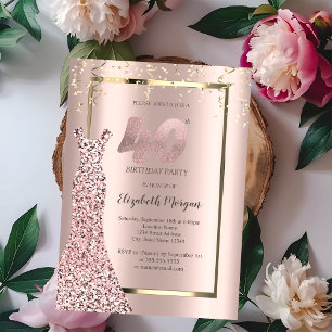 Convites Vestido Lantejoulas Rosa Dourado Aniversário de 40