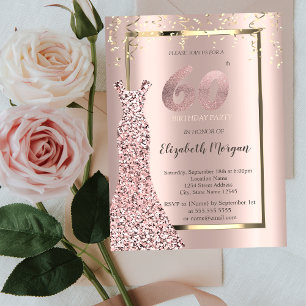 Convites Vestido Lantejoulas Rosa Dourado Aniversário de 60